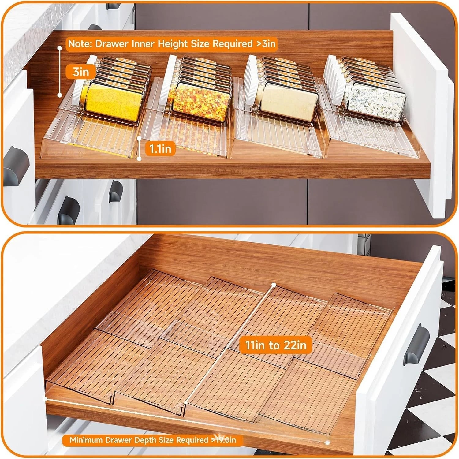 Expandable Spice Drawer Organizer Rack for Kitchen Cabinets