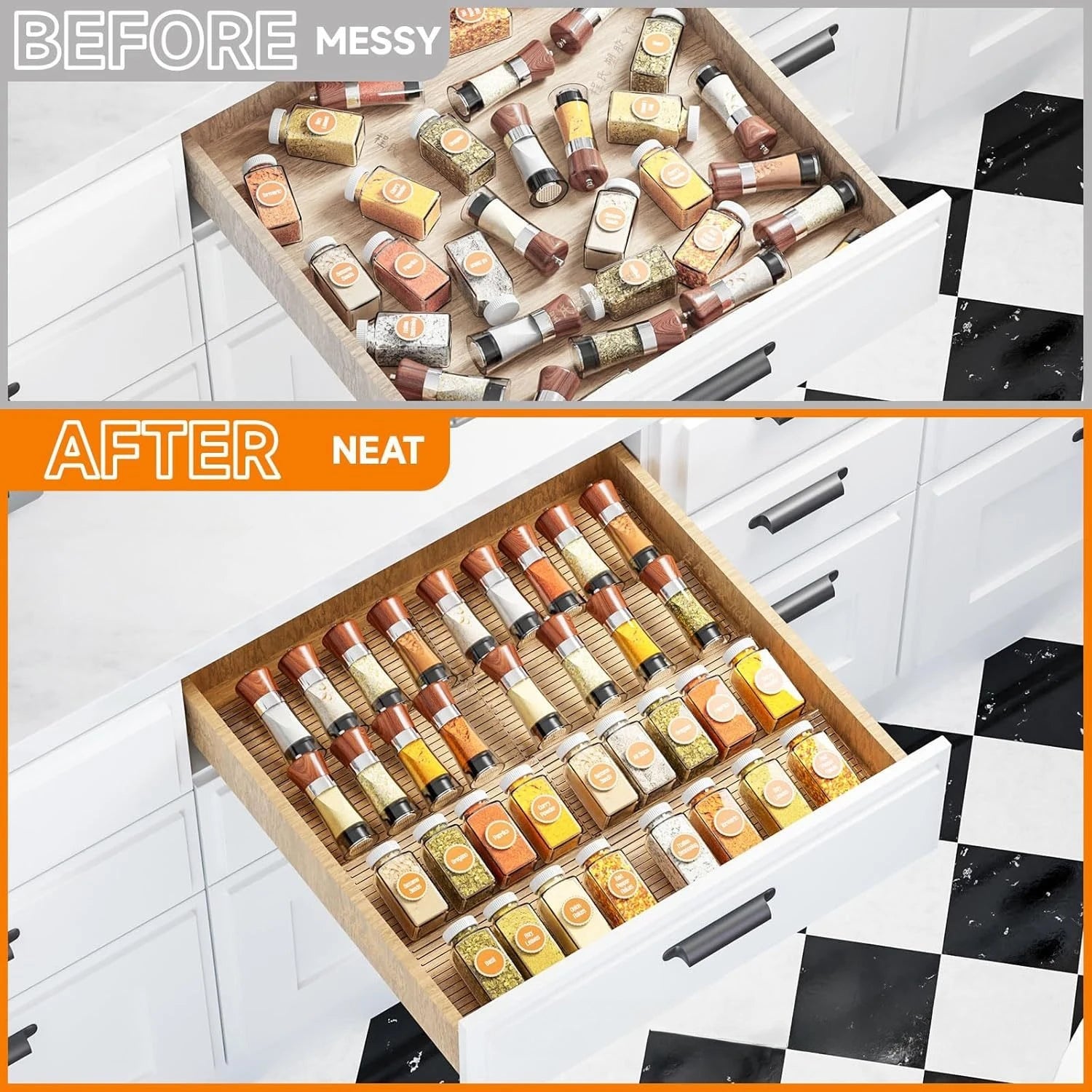 Expandable Spice Drawer Organizer Rack for Kitchen Cabinets