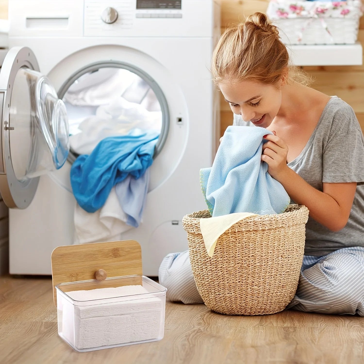 Acrylic Dryer Sheet Holder Container with Bamboo Lid