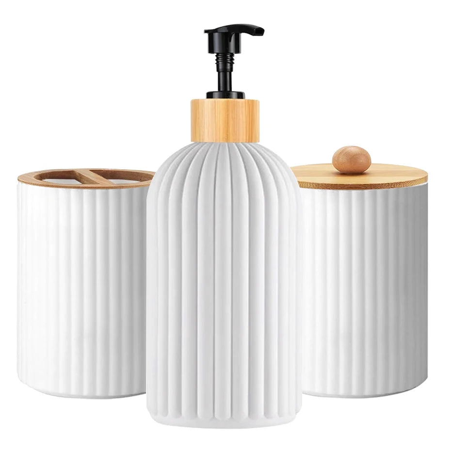 Bathroom Organizer Set with Soap Dispenser, Cotton Ball Holder and Toothbrush Holder