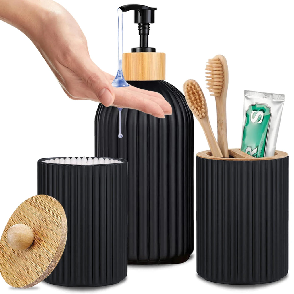 Bathroom Organizer Set with Soap Dispenser, Cotton Ball Holder and Toothbrush Holder