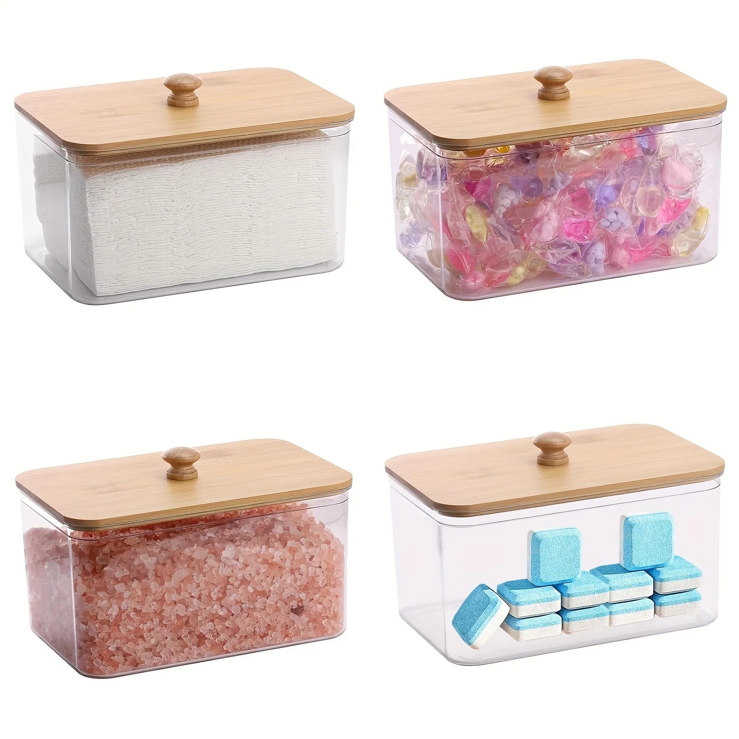 acrylic dryer sheet holder container with bamboo lid for laundry room storage