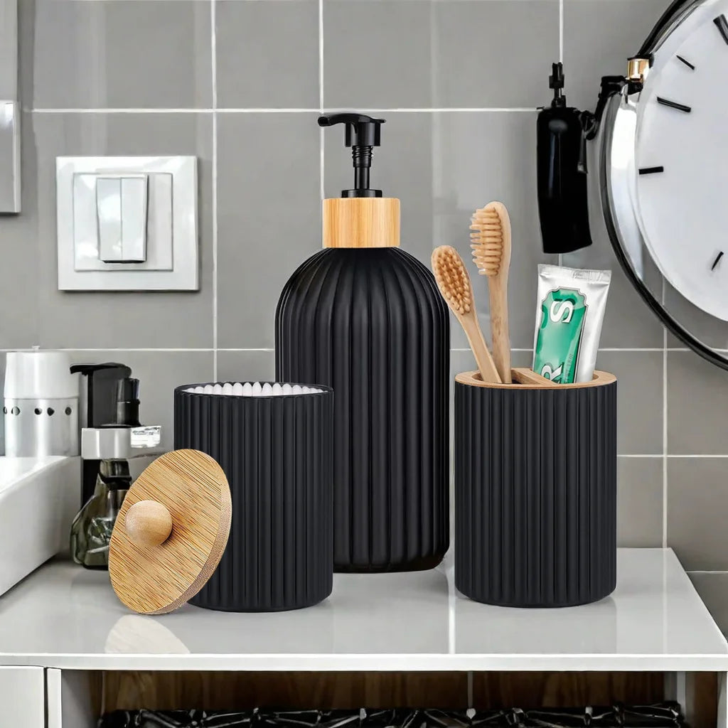 bathroom organizer set with soap dispenser cotton ball holder and toothbrush holder