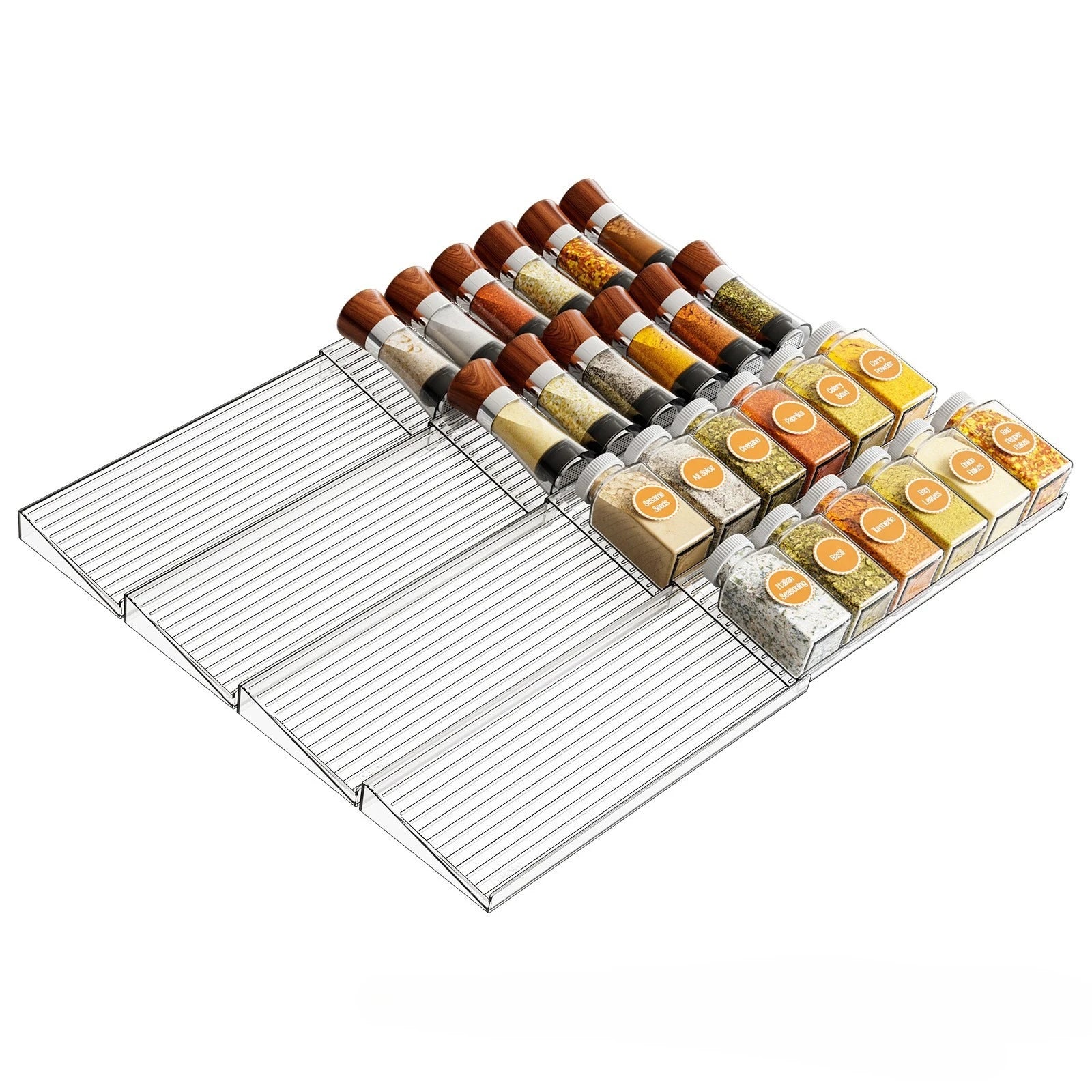 expandable spice drawer organizer rack for kitchen cabinets and spice jars
